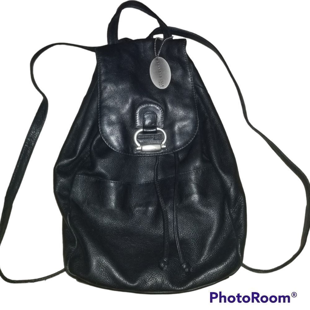 Kenneth Cole Black Leather Backpack Drawstring Bag - Picture 5 of 7
